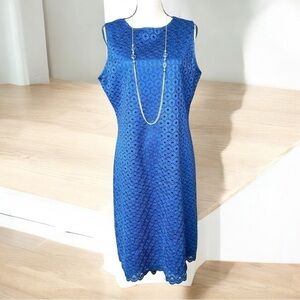 Sharagano-size 14 navy blue lace overlay sheath dress. Back zip.  Worn once EUC!